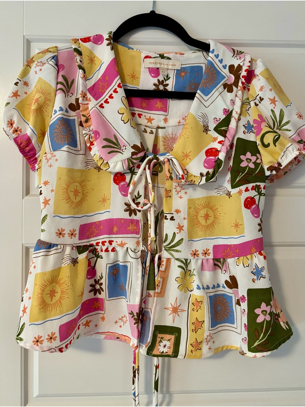 Monteau Multicolor Patchwork Floral Tie-Front Top